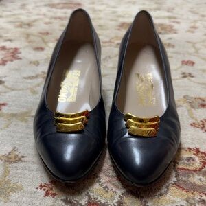 Salvatore Ferragamo Women's navy Flats with Gold Detail